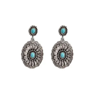 Rhinestone Turquoise Bull Head Flower Drop Earrings, Vintage Boho Style