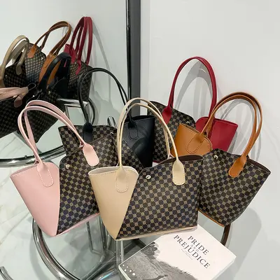 Foreign Trade Wholesale Women's Printed Contrast Color Handbag 2025 Printed Matching Plain Weave Personalized Women's Open-Top Ladies' Bag