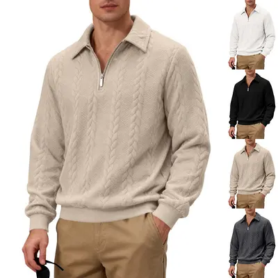 Erkek Fermuarlı POLO Sweatshirt, Doku Desenli, Büyük Beden