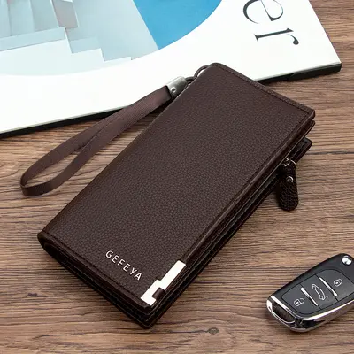 Men's Long Leather Wallet with Zipper and Card Slots, Large Capacity - 7