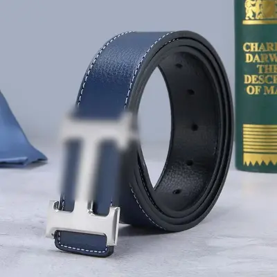 Premium Litchi Grain Men's Leather Belt Fashion Letter H Smooth Buckle Youth Trendy Waistband Factory Stock Direct - 12