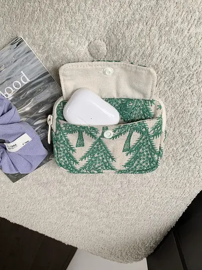 Card holder, coin purse and earphone storage bag, cotton-linen, embroidered - 3