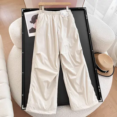 Kadın fleece astarlı paraşüt kargo pantolon, yüksek bel, lastikli, bol paça
