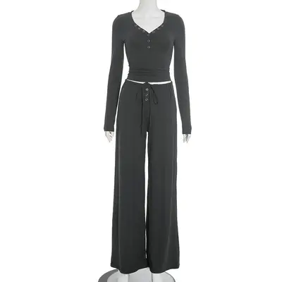 Women's Long Sleeve Snap Button Top and Drawstring Pants Set, Solid Color - 8