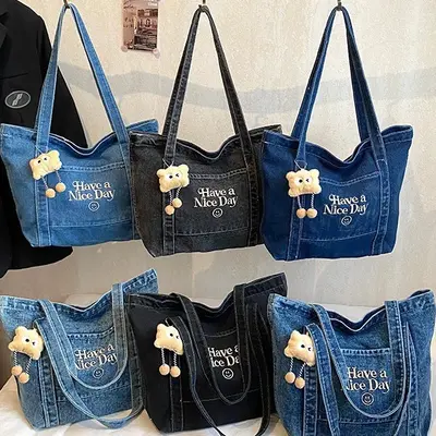 Japanese Style Casual Large Capacity Women's Bag Trendy Letter Embroidery College Student Denim Bag Large Capacity Commute Tote Bag