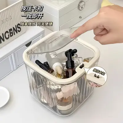 粉扑收纳盒桌面化妆品亚克力次抛口红护肤迷你翻盖杂物透明置物架 - 2
