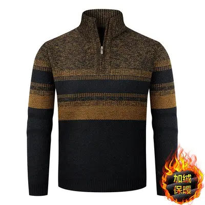 Herren-Strickpullover mit Stehkragen, Halbreißverschluss und Fleece-Futter