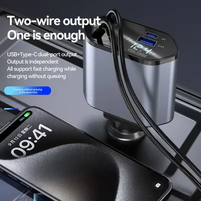 Araç Telefon Şarj Cihazı Teleskopik Kabel 120W Süper Hızlı Şarj Alüminyum Oto Şarjı Dört İn Bir Apple Serisi Destekli
