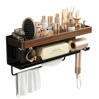 Walnut Wood Bathroom Hair Dryer Shelf with Towel Organizer