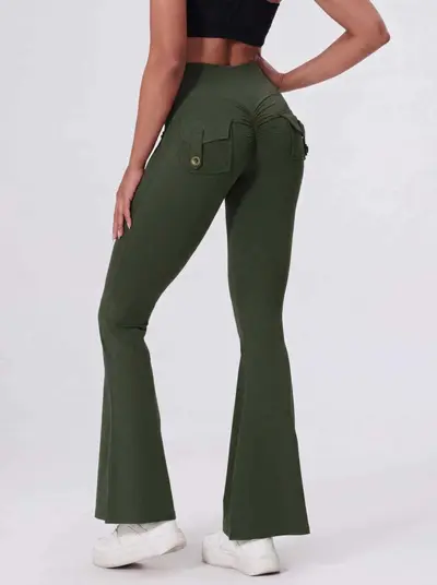 Women's Yoga Pants with Cargo Pockets, Peach Hip-Lift, Flared - 11
