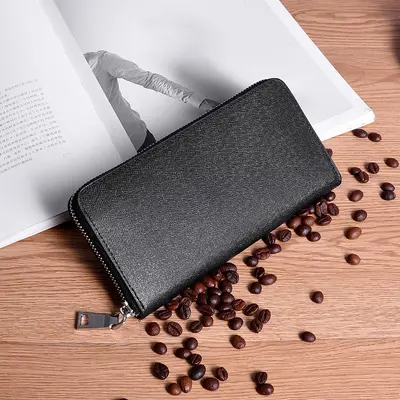 Men's Mid-Length Wallet, Split Leather, Zipper Clutch - 6