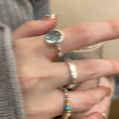Natural stone and silver open ring, minimalist style