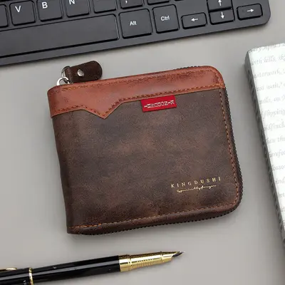 Erkek Kısa Cüzdan, PU Deri, Patchwork Tasarım, Fermuarlı Bozuk Para Bölmeli - 9