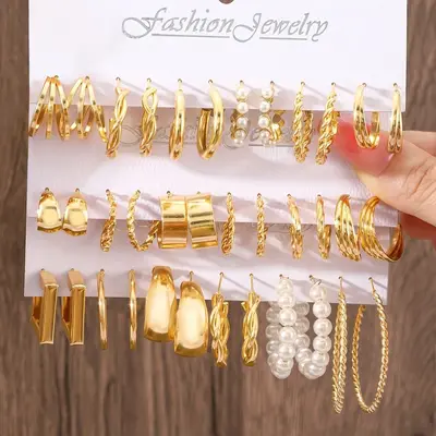 欧美C形金属纹理高级感个性耳圈女复古麻花耳环套装6件套earrings - 13