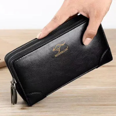 Men's Soft Leather Clutch Wallet with Anti-Theft Protection, Double Zip - 3