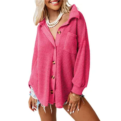 Women's Loose Waffle Knit Shirt for Autumn Winter, Casual and Office Wear - 8
