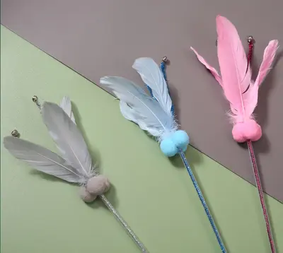 Feather Wire Cat Teaser Wand with Fur Ball and Bell, Long Pole - 7