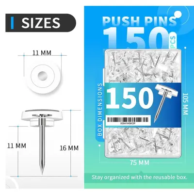 Colored Round Flat-Head Push Pins, 150 Pcs per Box, Transparent Black