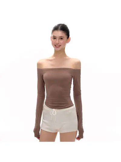 Skims-Style Women's Long Sleeve T-Shirt, One-Shoulder Off-Shoulder, Double-Layer, Autumn 2
