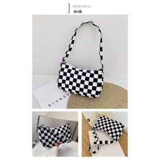 Small Leopard Print Underarm Bag, Black and White Plaid Handbag - 10