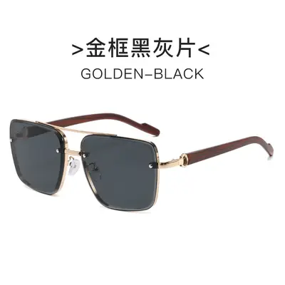 Square metal double-bridge sunglasses with wood-grain temples - 6