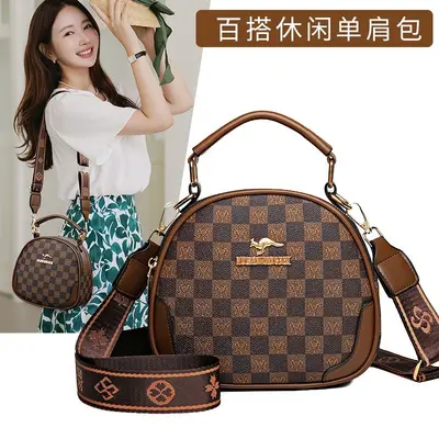 Plaid Small Round Women's Crossbody Bag, PU Leather - 2