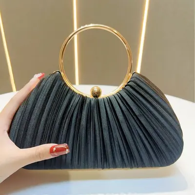 Women's Pleated Evening Bag, Ring Handle Party Clutch - 9