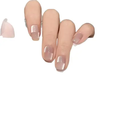 Minimalist Glass Bead Space Cat Eye Handmade Wearable Press-On Nails, Premium Nude, Short - 6