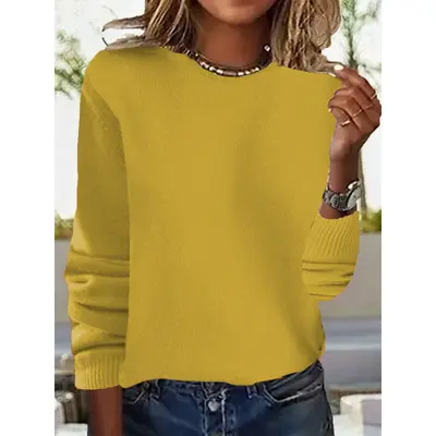 Women's Round Neck Long Sleeve Thin Knit Sweater, Solid Color - 11