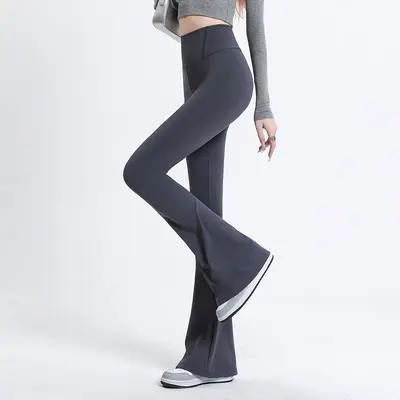 Damen Haifischhose mit Schlag und hoher Taille, glatt, figurformend, Yogahose dünn - 8