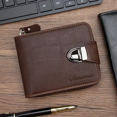 Crocodile Pattern Men's Short Wallet with Snap Closure, Tri-Fold and Chain - 8