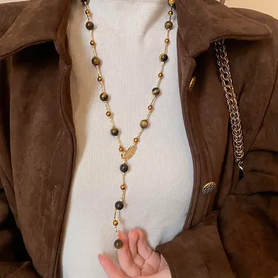 Tigerauge Perlen Pullover-Kette, Vintage Halskette - 3