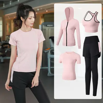 一手货源女士专业高端弹力速干运动健身套装女吸汗透气瑜伽服四件