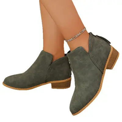 Pointed-Toe Back Zip Short Martin Boots Women's Plus Size Genuine Leather - 6