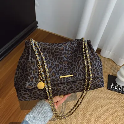 Leopard Print Suede Crossbody Bag with Chain Strap, Large Capacity - 8