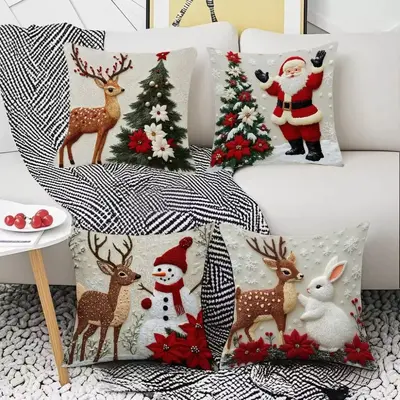 Keten Karikatür Desenli Noel Yastık Kılıfı Sofa Kırlent Kılıfı - 11