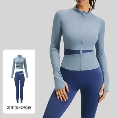 夏季拼色瑜伽服裸感高弹跑步修身运动健身服两件套女 - 9