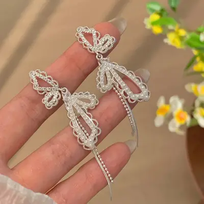 Elegante französische Schleife Ohrringe für Damen, luxuriöses Design mit edlem Flair, zierliche Ohrstecker im minimalistischen Stil, lange Quaste Ohrhänger - 7