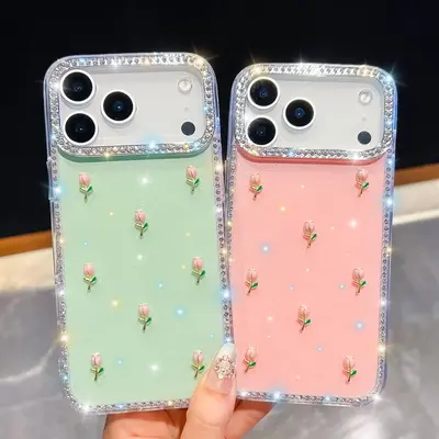 花朵闪钻新款适用苹果17promax手机壳iphone16防摔奢华闪粉保护套