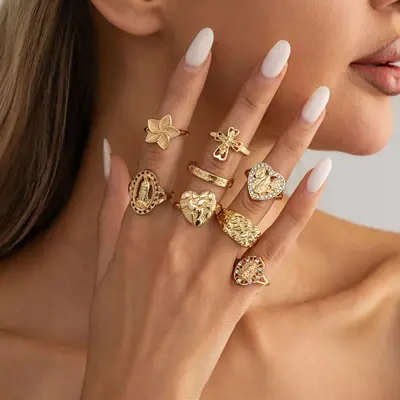 Rhinestone Crown Figure Ring Set, Retro Cross Knuckle Ring - 7