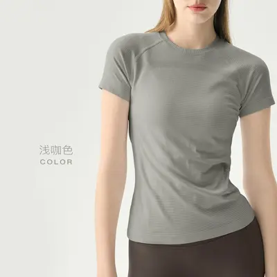 Dikişsiz İnce Ter Emici Spor Fitness Yoga Kısa Kollu Üst Kadın Yoga Koşu Antrenman Üstü Zayıflatan T-Shirt - 13