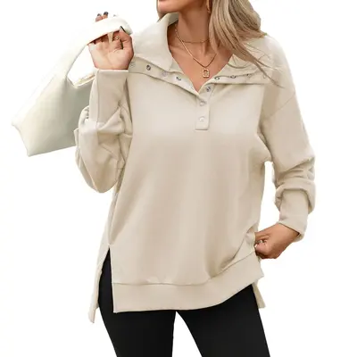 Women's Solid Color High Neck Button Long Sleeve Sweatshirt, Autumn/Winter 2026 - 8