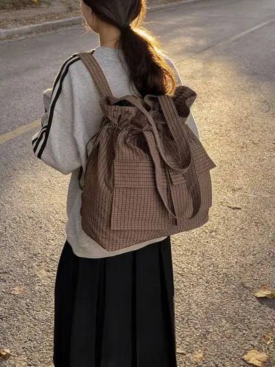 Large Capacity Lightweight Travel Backpack Plaid Drawstring Tote Bag - 1