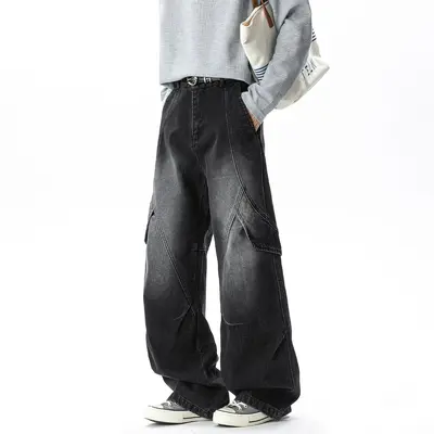 Men's Black Jeans, Loose Straight-Leg Wide-Leg Pants with Patchwork