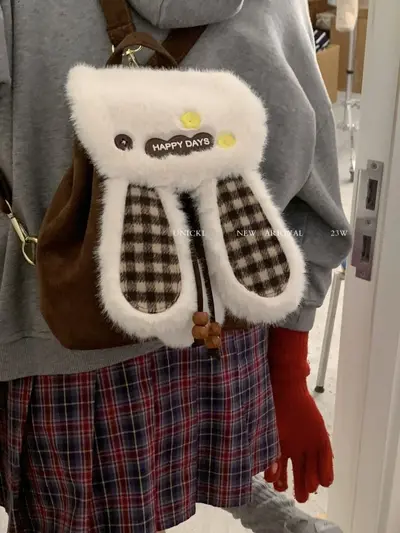 Women's Winter Woolen Plaid Mini Backpack with Cute Rabbit Plush - 4