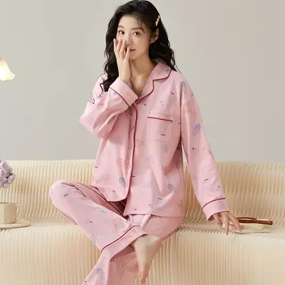 Uzun Kollu Kadın Pijama Takımı, Pamuk Görünümlü, Karikatür Desenli, Hırka Yaka
