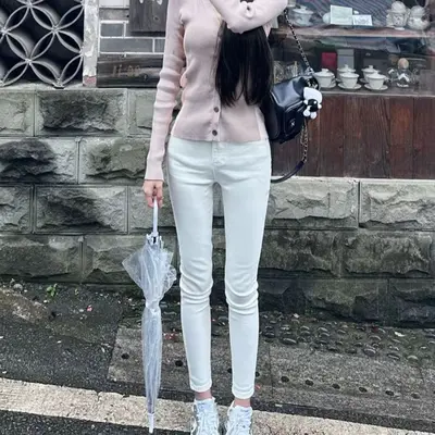 Kadın Yüksek Bel Beyaz Dar Paça Skinny Kot Pantolon, Esnek