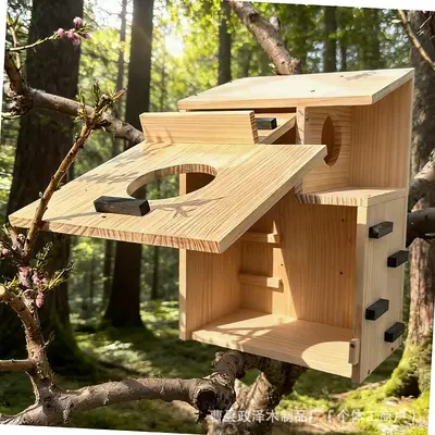 Hanging Wooden Squirrel House with Viewing Window and Nut Feeder