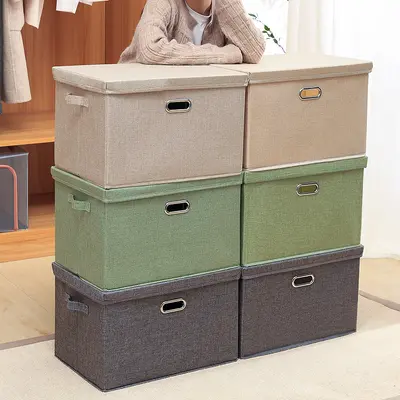 Foldable fabric clothing storage box with lid and drawers