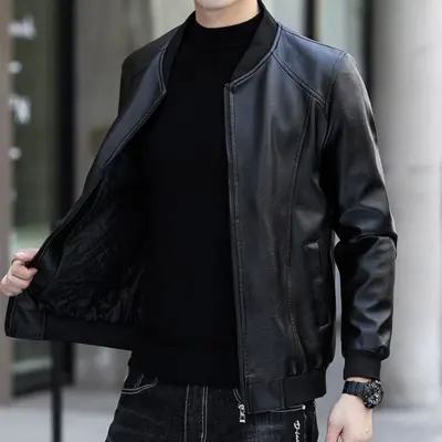 Men's PU Leather Baseball Collar Jacket, Fleece-Lined - 2